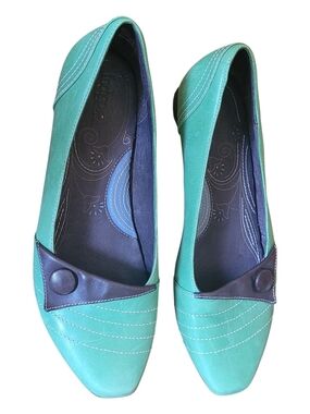 Indigo Teal Pointed-Toe Flats with Dark Trim and Button